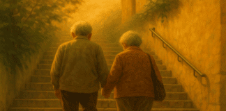 (기획연재: 한국사회와 노인) ① 노인이라는 말은 언제부터 제도의 꼬리표가 되었는가 계단을 함께 오르는 노부부의 지치고 힘든 뒷모습, 우리 사회 노인의 현실을 그대로 보여준다. 출처: 미디어원