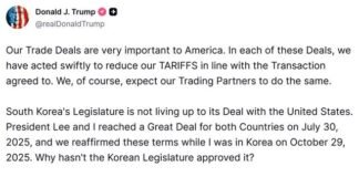 관세 협상 합의 지키지 않으니 25%로 인상한다.