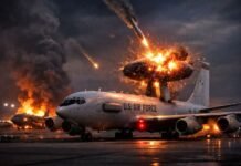 미군 개전 후 최대 피해 — 이란은 ‘눈’을 찌르는 법을 알았다 이란의 미사일 정밀 타격으로 화염에 휩싸인 미 공군 E-3G AWACS 조기경보기와 프린스 술탄 기지 내부 전경(AI 생성 이미지)