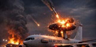 미군 개전 후 최대 피해 — 이란은 ‘눈’을 찌르는 법을 알았다 이란의 미사일 정밀 타격으로 화염에 휩싸인 미 공군 E-3G AWACS 조기경보기와 프린스 술탄 기지 내부 전경(AI 생성 이미지)