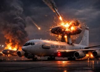 미군 개전 후 최대 피해 — 이란은 ‘눈’을 찌르는 법을 알았다 이란의 미사일 정밀 타격으로 화염에 휩싸인 미 공군 E-3G AWACS 조기경보기와 프린스 술탄 기지 내부 전경(AI 생성 이미지)