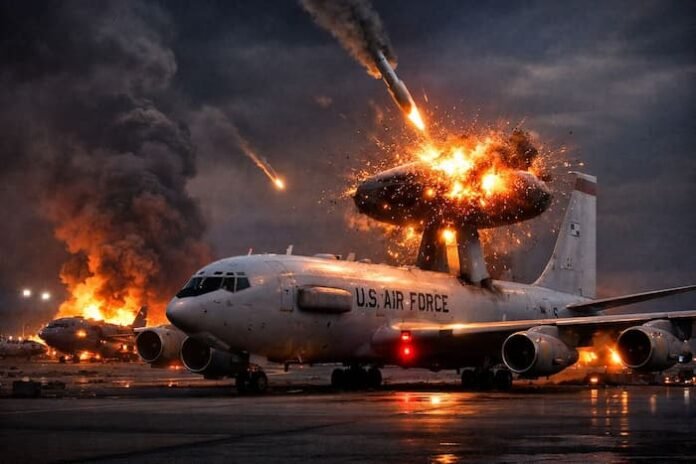 이란의 미사일 정밀 타격으로 화염에 휩싸인 미 공군 E-3G AWACS 조기경보기와 프린스 술탄 기지 내부 전경(AI 생성 이미지)