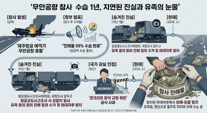 "무안공항 제주항공 참사 수습 타임라인 인포그래픽. 정부의 99% 수습 완료 발표와 달리 유족들이 마대자루에서 맨손으로 유해를 수습하는 현실을 고발하는 내용."