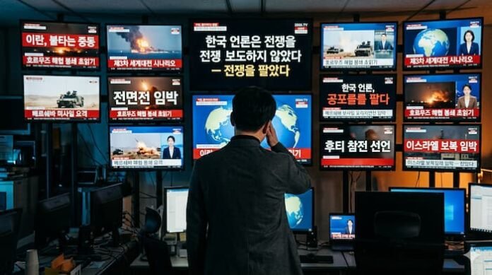 어두운 뉴스룸에서 자극적인 중동 전쟁 관련 한국어 속보 헤드라인들이 가득한 모니터 벽을 혼란스러운 표정으로 바라보는 남성의 뒷모습.