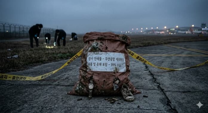 Gemini_Generated_Image_ecpiiecpiiecpiie 무안공항 제주항공 참사 부실 수습 고발 이미지. 안개 낀 활주로에 방치된 마대자루와 99% 수습(?) 라벨