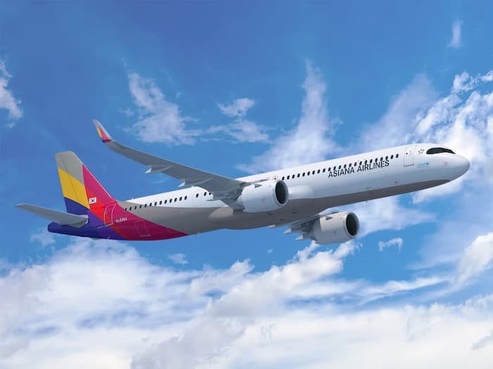 푸른 하늘을 배경으로 비행 중인 아시아나항공 여객기 모습