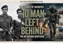 “No Man Left Behind” – 총을 든 전사와 펜만 든 리더 엔테베 작전과 현대 구조 작전을 대비한 이미지, 네타냐후 형제와 특수부대 구조 장면을 함께 표현한 일러스트