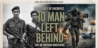“No Man Left Behind” – 총을 든 전사와 펜만 든 리더 엔테베 작전과 현대 구조 작전을 대비한 이미지, 네타냐후 형제와 특수부대 구조 장면을 함께 표현한 일러스트