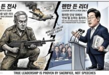 “총을 든 전사 vs 펜만 든 리더” 총을 든 전사와 펜만 든 리더를 대비한 정치 풍자 만평, 전장과 단상 위 리더십 차이를 표현한 이미지
