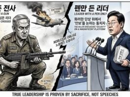 “총을 든 전사 vs 펜만 든 리더” 총을 든 전사와 펜만 든 리더를 대비한 정치 풍자 만평, 전장과 단상 위 리더십 차이를 표현한 이미지