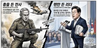 “총을 든 전사 vs 펜만 든 리더” 총을 든 전사와 펜만 든 리더를 대비한 정치 풍자 만평, 전장과 단상 위 리더십 차이를 표현한 이미지