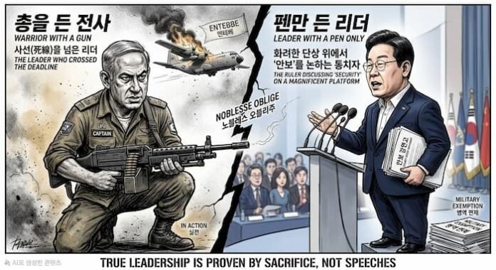 총을 든 전사와 펜만 든 리더를 대비한 정치 풍자 만평, 전장과 단상 위 리더십 차이를 표현한 이미지