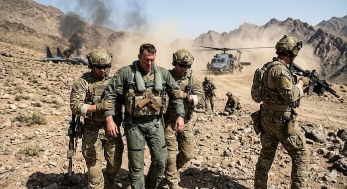 668982328_2362299807582176_8680117527948397517_n 미군 전투기 조종사가 구조되는 장면, 생존 조끼와 군 장비를 착용한 상태에서 특수부대에 의해 이동 중인 모습