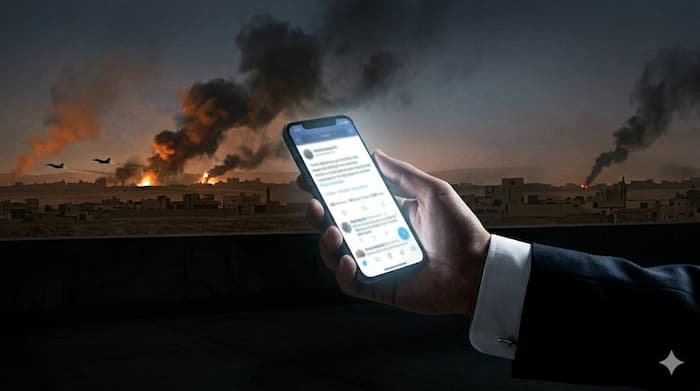 중동 전쟁 배경에서 스마트폰 SNS를 보는 장면, 이재명 이스라엘 발언 논란 상징 이미지