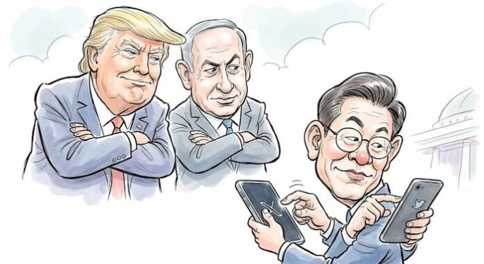 이재명 대통령 스마트폰 발언과 트럼프 네타냐후 대비 정치 풍자 만평