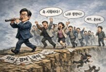 망하는 길도 내가 좋으면 따라간다… ‘자유’라는 이름의 집단 착각 피리를 부는 정치인을 따라 환호하며 절벽으로 향하는 군중을 표현한 정치 풍자 만평, 외교 경제 국익 붕괴를 상징