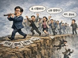 망하는 길도 내가 좋으면 따라간다… ‘자유’라는 이름의 집단 착각 피리를 부는 정치인을 따라 환호하며 절벽으로 향하는 군중을 표현한 정치 풍자 만평, 외교 경제 국익 붕괴를 상징