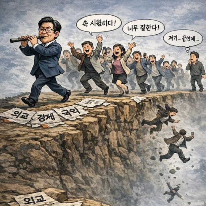 피리를 부는 정치인을 따라 환호하며 절벽으로 향하는 군중을 표현한 정치 풍자 만평, 외교 경제 국익 붕괴를 상징