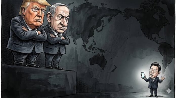 트럼프 네타냐후와 이재명 대통령을 대비한 정치 풍자 만평