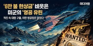 이란 혁명수비대 ‘6만 불 현상금’ 조롱한 미군의 ‘F15E 무장관제사 구조’… 이란 영공은 이미 미군 손에 이란 영공에서 미군 F-15E 전투기와 헬기들이 구조 작전을 수행하는 장면, 혁명수비대 현상금 포스터가 찢어지는 일러스트
