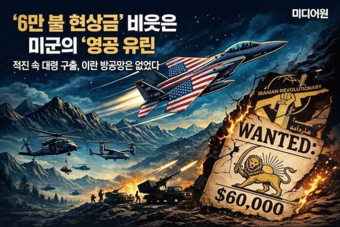 이란 영공에서 미군 F-15E 전투기와 헬기들이 구조 작전을 수행하는 장면, 혁명수비대 현상금 포스터가 찢어지는 일러스트