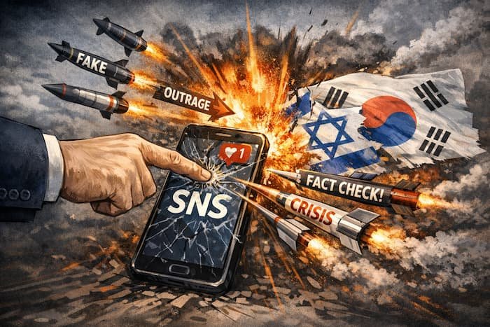 스마트폰을 사용하는 인물과 충돌하는 국기 이미지로 표현된 SNS 외교 리스크 상징 장면