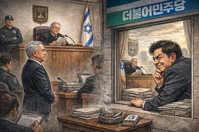 이스라엘 법정에서 판사 앞에 조용히 서 있는 네타냐후와, 바깥에서 법정을 바라보는 한국 정치인의 풍자적 대비