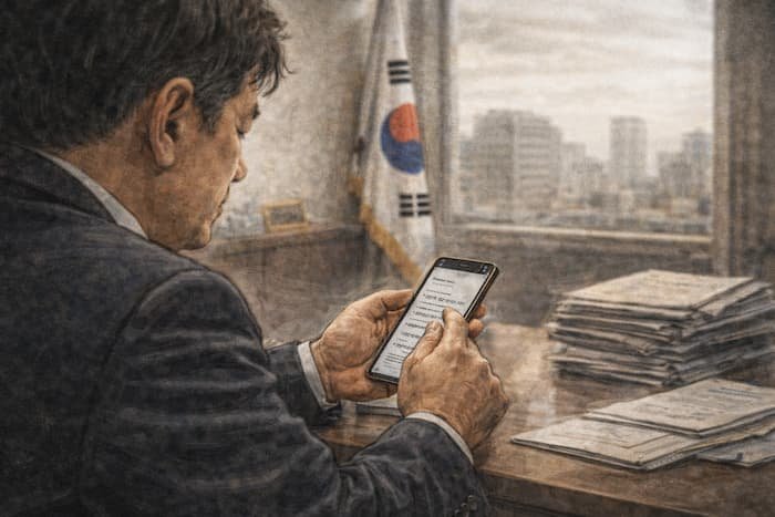 책상에 앉아 스마트폰으로 자료를 확인하는 남성, 배경에 흐릿한 태극기와 도시 풍경