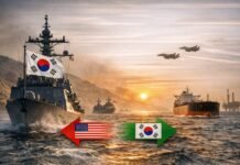 美는 ‘봉쇄’, 韓은 ‘통항’… 청와대, 호르무즈 국면서 ‘국익 우선’ 메시지 호르무즈 해협을 배경으로 한국 군함과 유조선, 미군 전력이 함께 배치된 상징적 장면으로 통항과 봉쇄의 긴장을 표현한 이미지