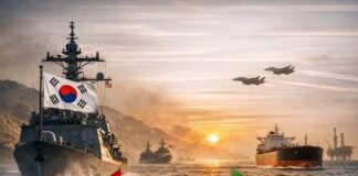 美는 ‘봉쇄’, 韓은 ‘통항’… 청와대, 호르무즈 국면서 ‘국익 우선’ 메시지 호르무즈 해협을 배경으로 한국 군함과 유조선, 미군 전력이 함께 배치된 상징적 장면으로 통항과 봉쇄의 긴장을 표현한 이미지