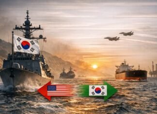 美는 ‘봉쇄’, 韓은 ‘통항’… 청와대, 호르무즈 국면서 ‘국익 우선’ 메시지 호르무즈 해협을 배경으로 한국 군함과 유조선, 미군 전력이 함께 배치된 상징적 장면으로 통항과 봉쇄의 긴장을 표현한 이미지