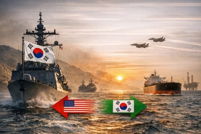 호르무즈 해협을 배경으로 한국 군함과 유조선, 미군 전력이 함께 배치된 상징적 장면으로 통항과 봉쇄의 긴장을 표현한 이미지