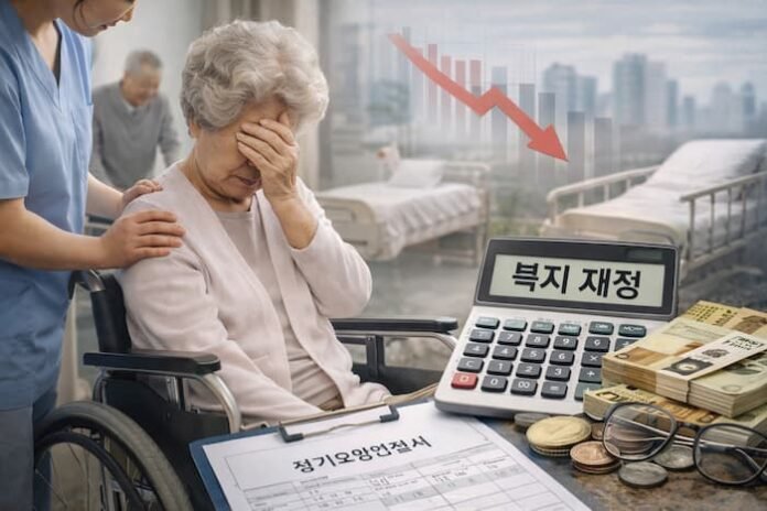 초고령사회 속 장기요양인정제도와 노인 돌봄, 복지재정 부담 문제를 상징하는 이미지