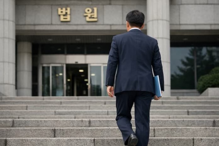 법원 계단을 오르는 정장 차림 남성의 뒷모습