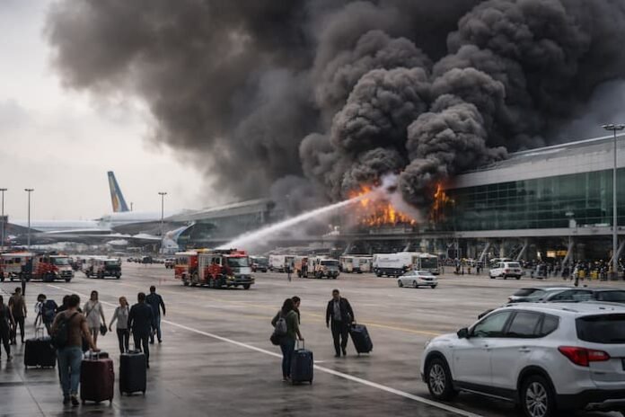 화재와 연기로 뒤덮인 국제공항 터미널 전경