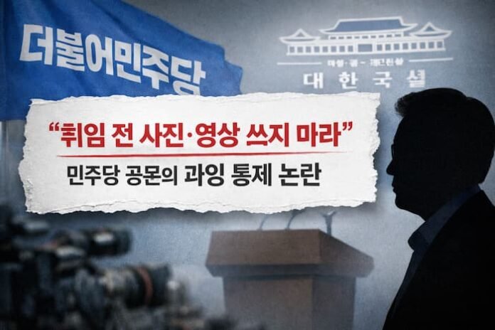 찢어진 공문과 흐릿한 대통령 연단 배경을 통해 민주당의 취임 전 사진 사용 금지 논란을 상징적으로 표현한 이미지