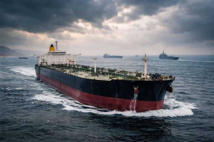 긴장된 해상 수송로를 항해하는 대형 유조선 모습