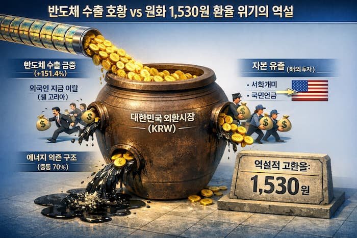 반도체 수출 증가에도 원화 환율 1530원 상승 원인을 설명하는 인포그래픽, 외국인 자금 이탈과 자본 유출, 에너지 의존 구조가 외환시장에 미치는 영향