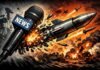 이란 ‘미 해병대 타격’ 보도… 뉴스인가, 선전인가 언론 마이크가 미사일로 변하는 콘셉트 이미지, 전쟁 보도와 정보전 시대 미디어 역할을 비판적으로 표현한 상징적 일러스트