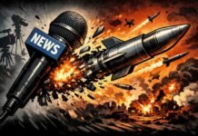 이란 ‘미 해병대 타격’ 보도… 뉴스인가, 선전인가 언론 마이크가 미사일로 변하는 콘셉트 이미지, 전쟁 보도와 정보전 시대 미디어 역할을 비판적으로 표현한 상징적 일러스트