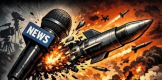 이란 ‘미 해병대 타격’ 보도… 뉴스인가, 선전인가 언론 마이크가 미사일로 변하는 콘셉트 이미지, 전쟁 보도와 정보전 시대 미디어 역할을 비판적으로 표현한 상징적 일러스트