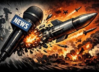 이란 ‘미 해병대 타격’ 보도… 뉴스인가, 선전인가 언론 마이크가 미사일로 변하는 콘셉트 이미지, 전쟁 보도와 정보전 시대 미디어 역할을 비판적으로 표현한 상징적 일러스트