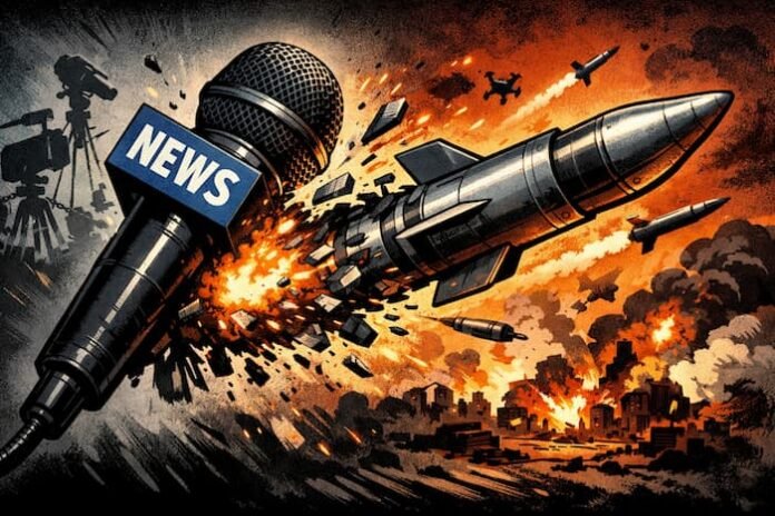 언론 마이크가 미사일로 변하는 콘셉트 이미지, 전쟁 보도와 정보전 시대 미디어 역할을 비판적으로 표현한 상징적 일러스트