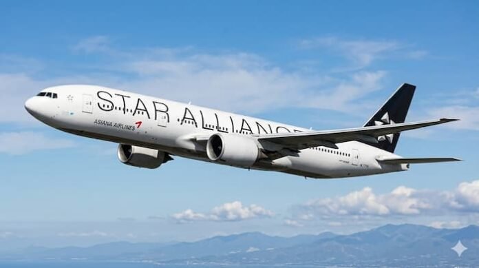 Gemini_Generated_Image_1dnnbh1dnnbh1dnn 스타얼라이언스 도장이 적용된 아시아나항공 항공기가 비행 중인 모습