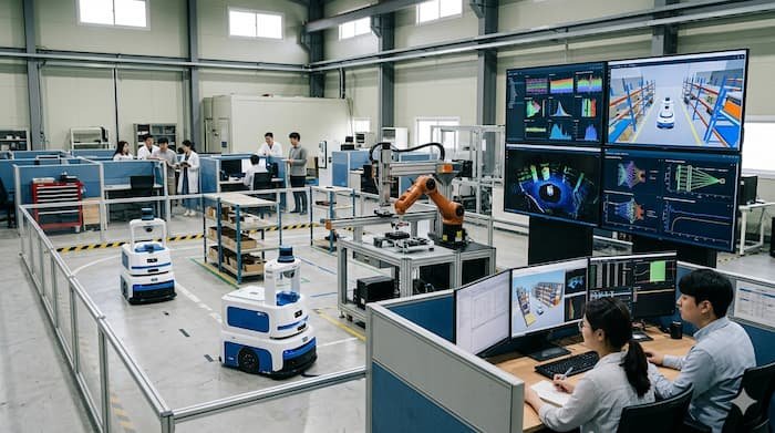 디지털 트윈과 산업 자동화를 상징하는 미래형 로봇 시스템 이미지