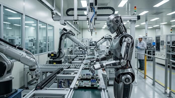Gemini_Generated_Image_iqxau1iqxau1iqxa 공장과 로봇 환경에서 작동하는 피지컬 AI를 상징하는 이미지