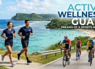 괌, ‘익숙함의 함정’ 벗어날 중대한 변곡점… ‘액티브 웰니스’ 승부수 괌의 에메랄드빛 바다와 해안 절벽이 보이는 풍경을 배경으로, 자전거 복장을 갖춘 세 명의 동호인이 굽어지는 도로를 따라 줄지어 자전거를 타고 있다.