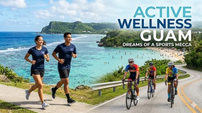 괌의 에메랄드빛 바다와 해안 절벽이 보이는 풍경을 배경으로, 자전거 복장을 갖춘 세 명의 동호인이 굽어지는 도로를 따라 줄지어 자전거를 타고 있다.