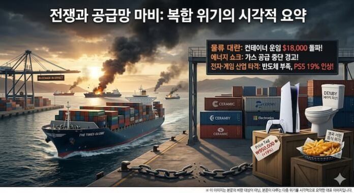 노을 지는 바다 위 불타는 대형 컨테이너선과 검은 연기, 그리고 그 옆에 쌓인 화물 컨테이너들이 글로벌 경제 위기와 공급망 마비를 시각적으로 나타내는 고해상도 그래픽 이미지.