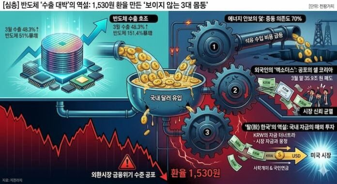 텍스트반도체 수출 증가에도 원달러 환율 1530원 상승 원인을 설명하는 인포그래픽, 외국인 자금 이탈과 자본 유출, 에너지 의존 구조